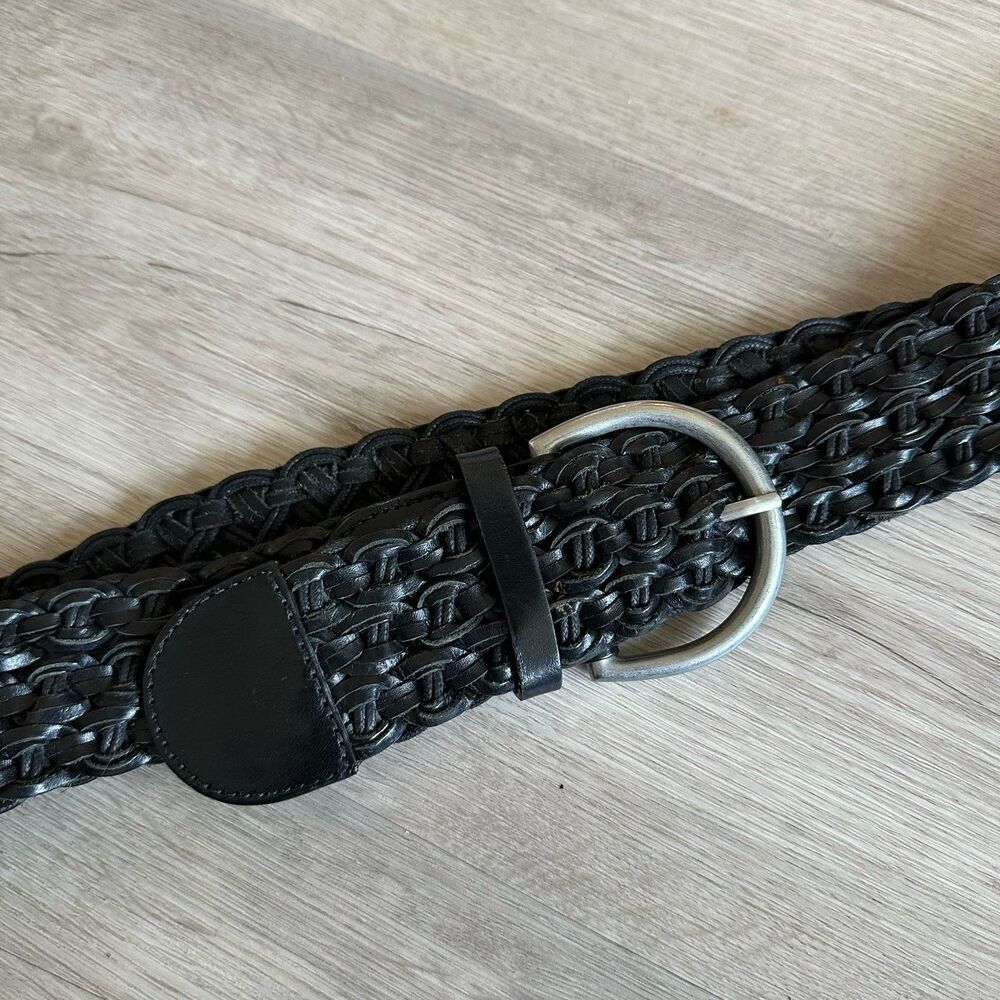 Wide Woven Black Leather Belt Silver Buckle Ann Taylor Loft Size Small